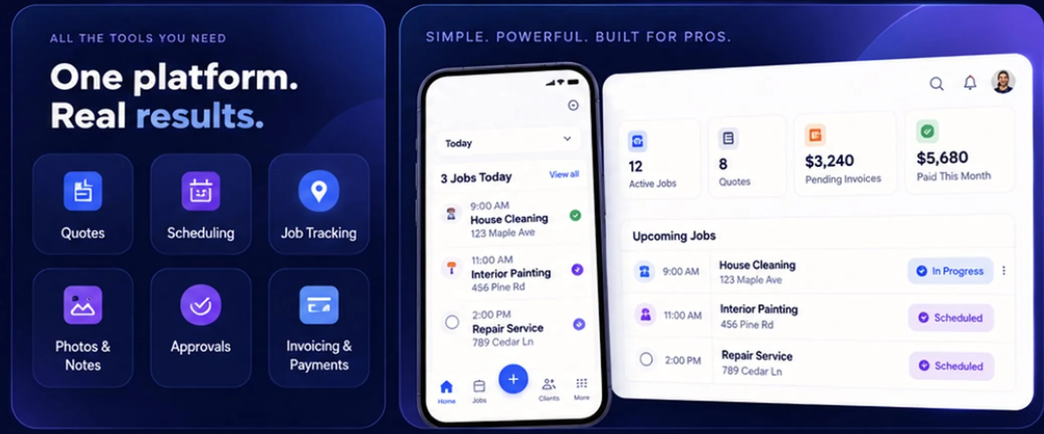 One platform for quotes, scheduling, job tracking, photos and notes, approvals, invoicing and payments, shown on the crew app and the office dashboard