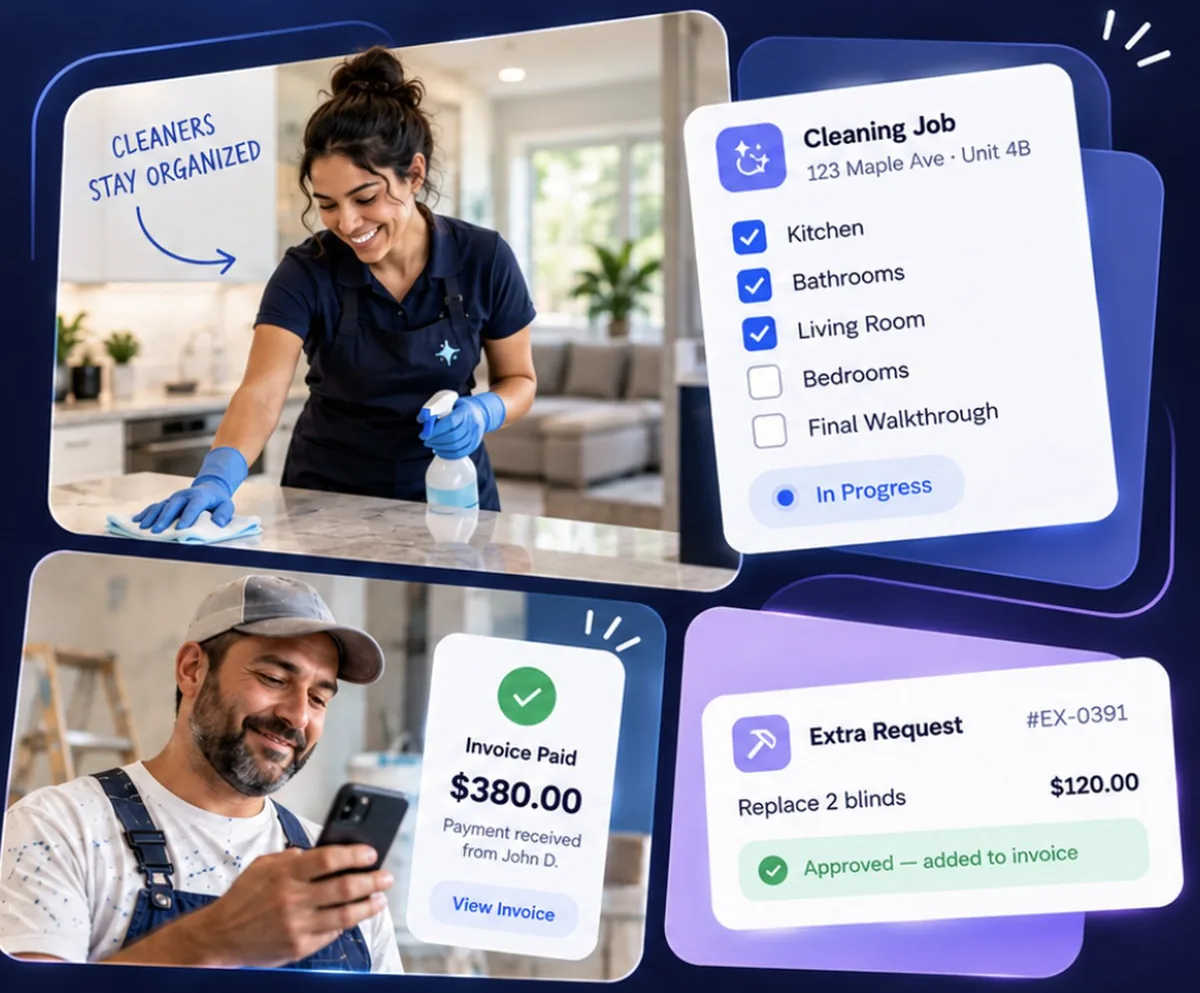 A cleaner and a painter using siteProsAI: cleaning checklist, invoice paid and extras request approved